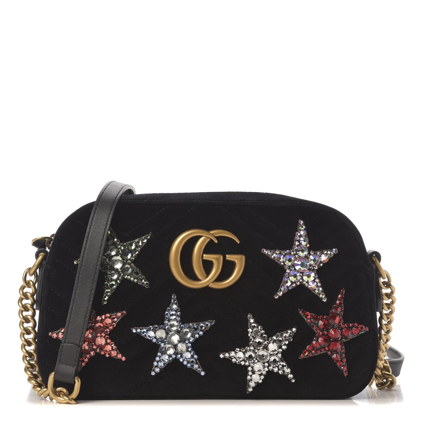 Velvet Matelasse Crystal Star Embroidered Small GG Marmont Chain Shoulder Bag Black