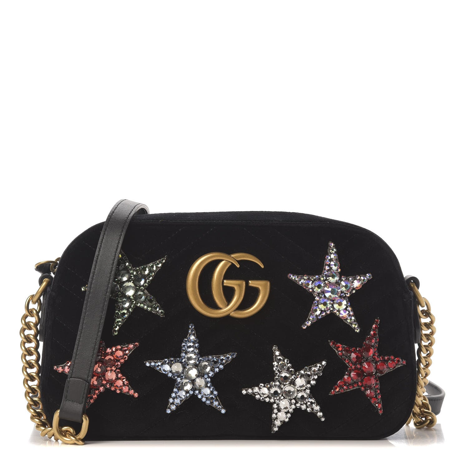 Gucci Velvet Matelasse Crystal Star Embroidered Small GG Marmont Chain Shoulder Bag Black 1 of 8