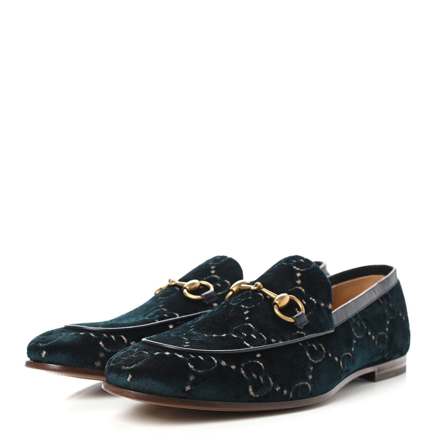 Gucci Velvet GG Monogram Horsebit Mens Jordaan Loafers 7.5 Blue Beige 3 of 8