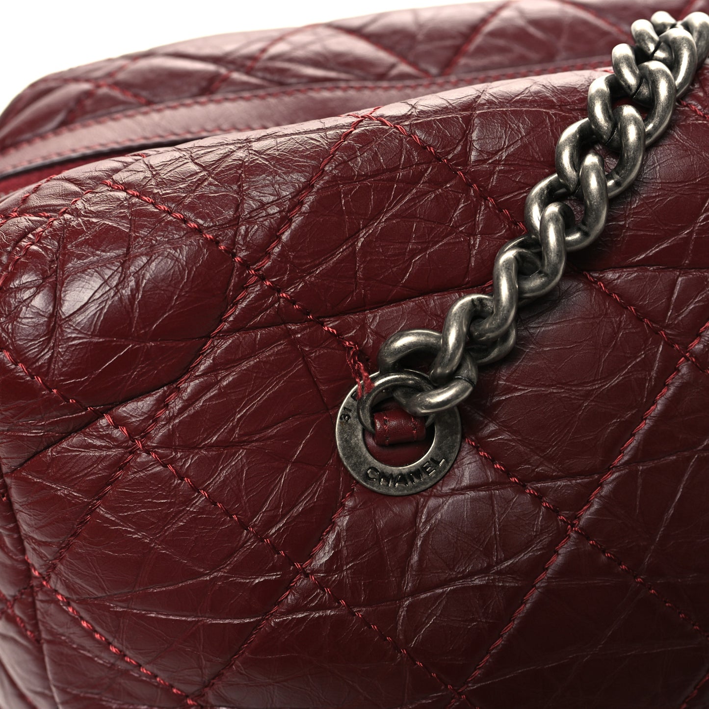 Aged Calfskin Quilted Large Secret Tag Bowling Bag Burgundy