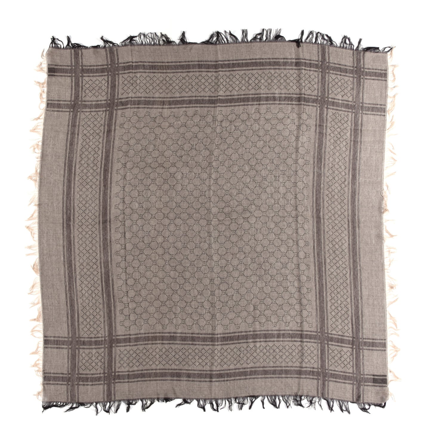 Wool Silk Monogram Fringe Square Scarf Brown