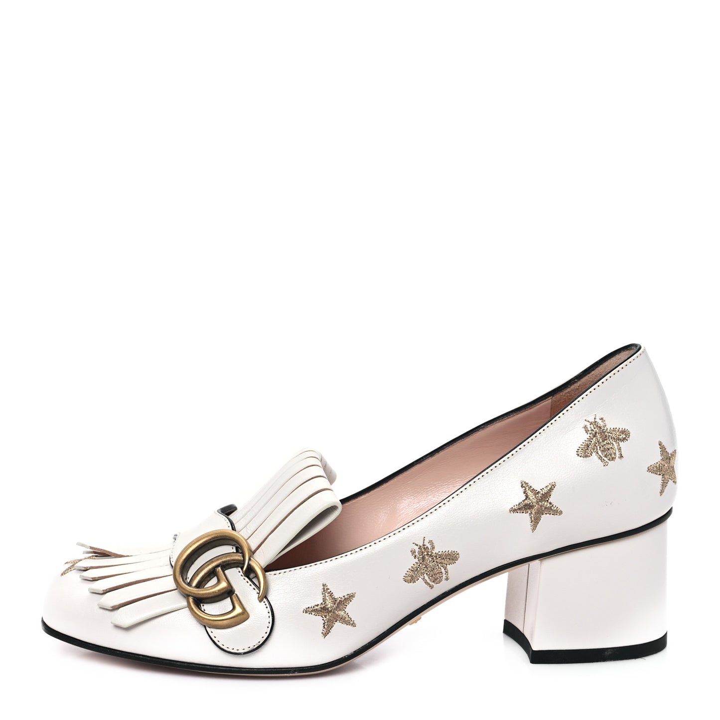 Quentin Goatskin Bee Star Embroidered GG Marmont Fringe 50mm Loafer Pumps 38 Mystic White