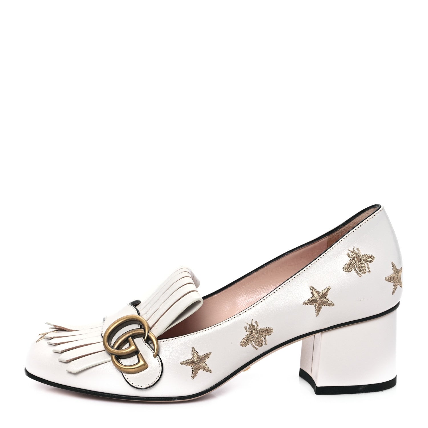 Gucci Quentin Goatskin Bee Star Embroidered GG Marmont Fringe 50mm Loafer Pumps 38 Mystic White 1 of 9