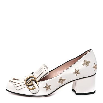 Gucci Quentin Goatskin Bee Star Embroidered GG Marmont Fringe 50mm Loafer Pumps 38 Mystic White 1 of 9