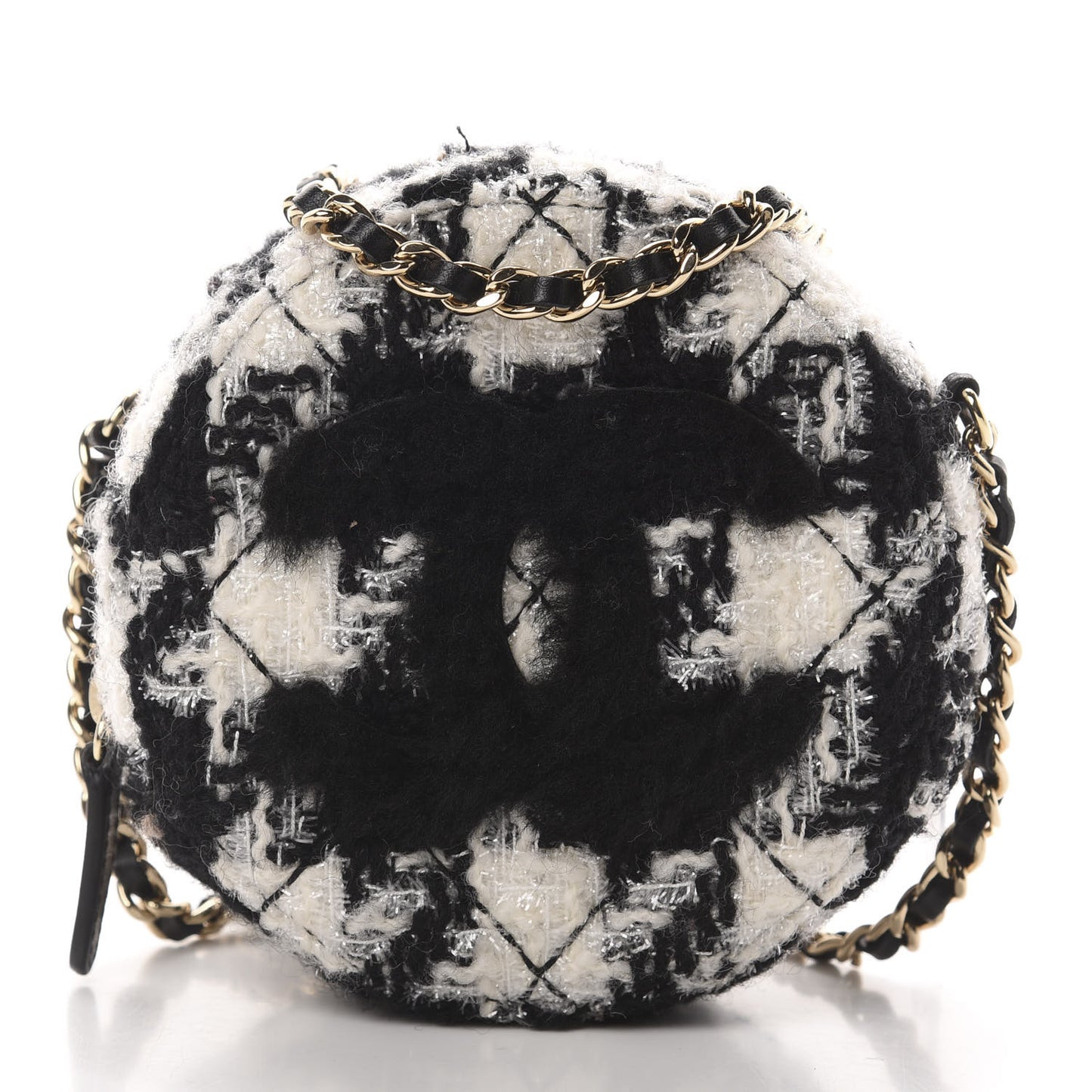 Tweed Shearling Round Clutch With Chain and Coin Purse Black and White