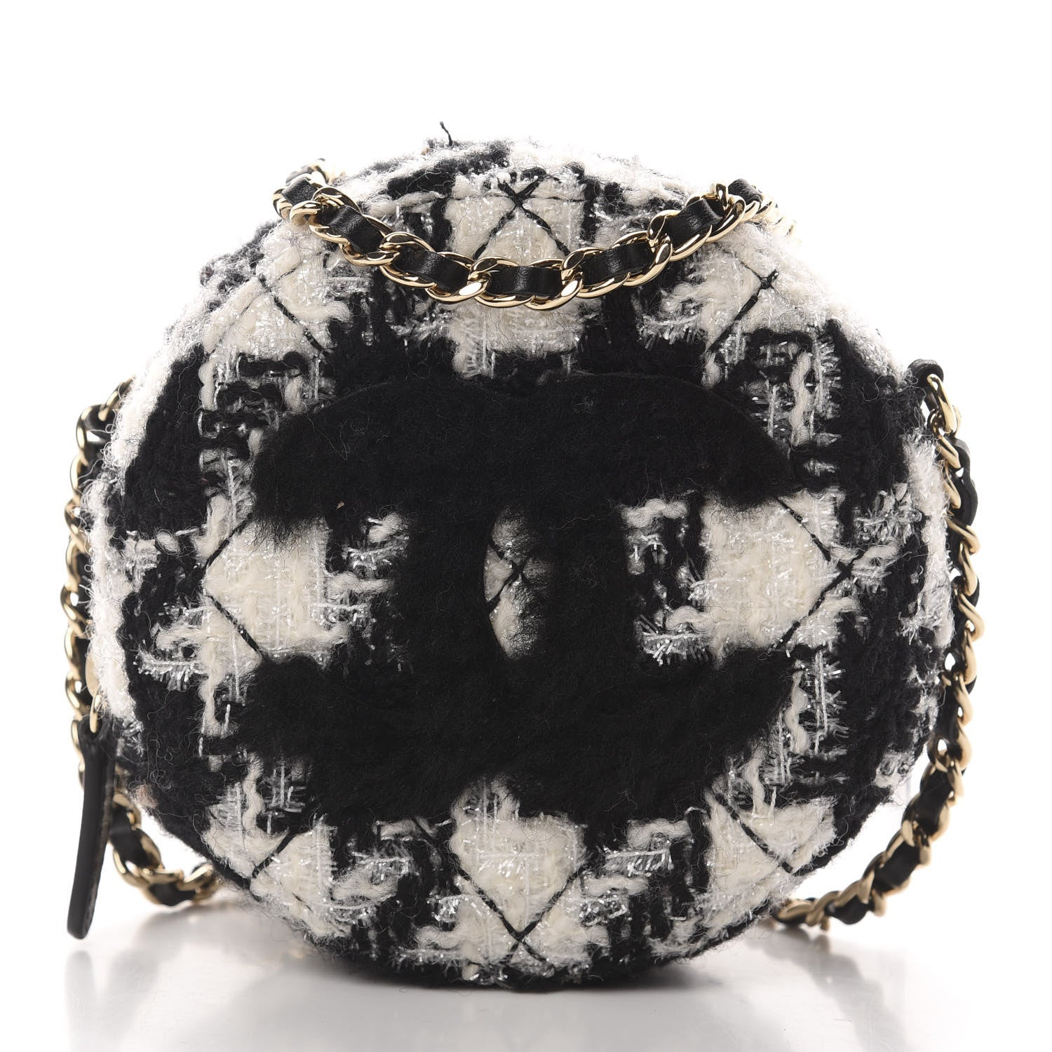 Chanel Tweed Shearling Round Clutch With Chain and Coin Purse Black and White 3 of 12
