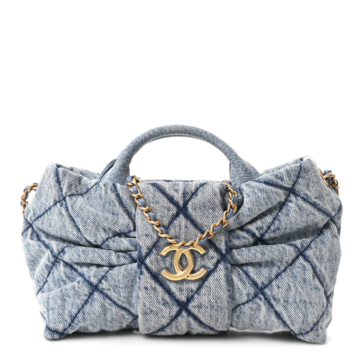 Washed Denim Quilted Mini Bow Bag Blue
