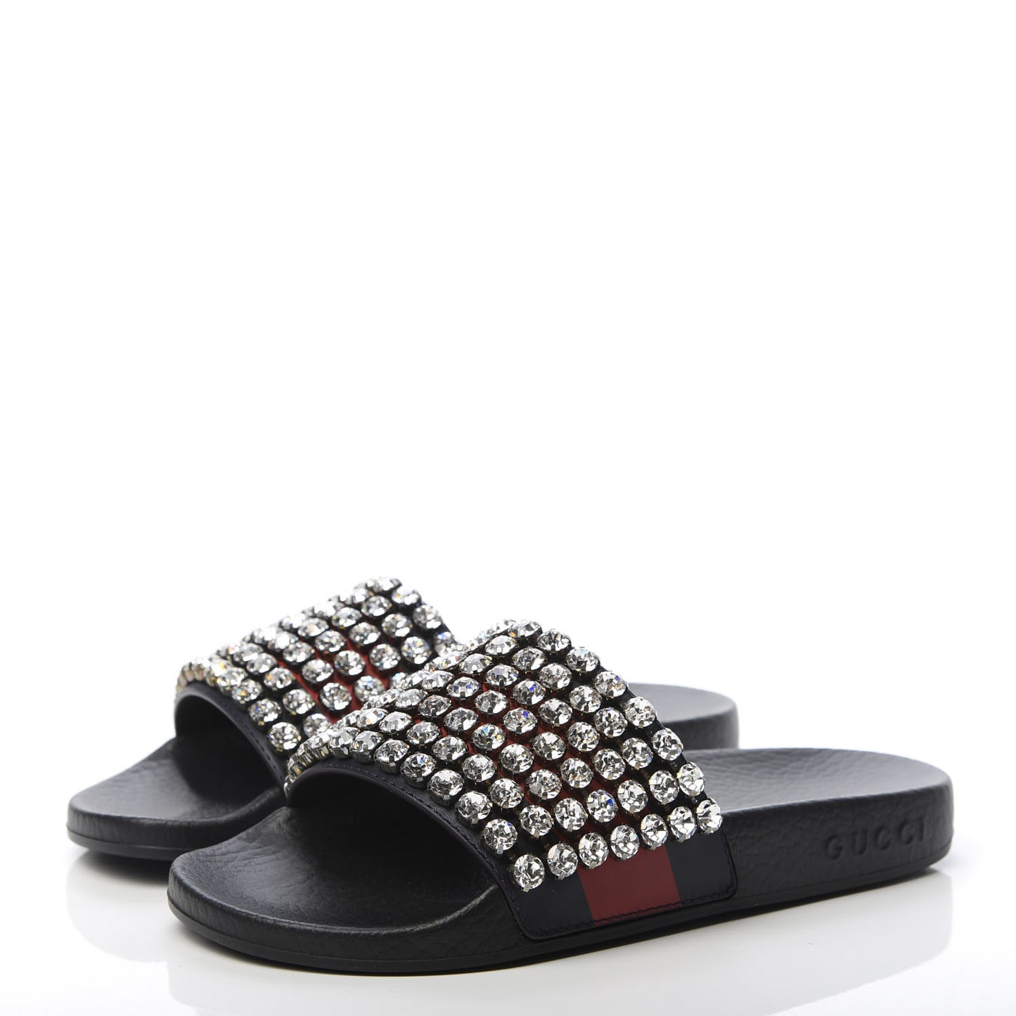 Calfskin Crystal Embellished Web Slide Sandals 35 Blue Red