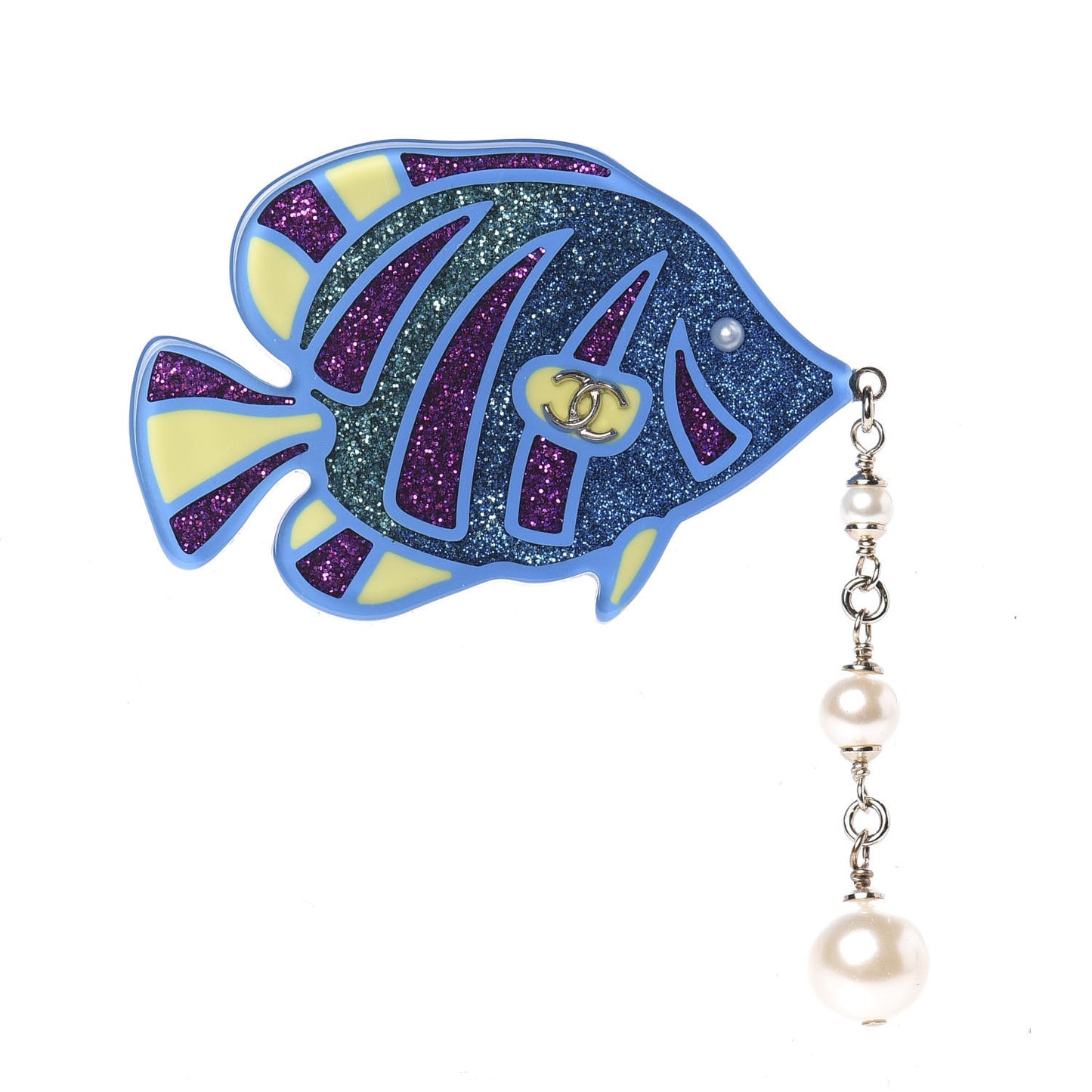 Pearl Glittered Resin Tropical Fish Brooch Gold Blue Yellow