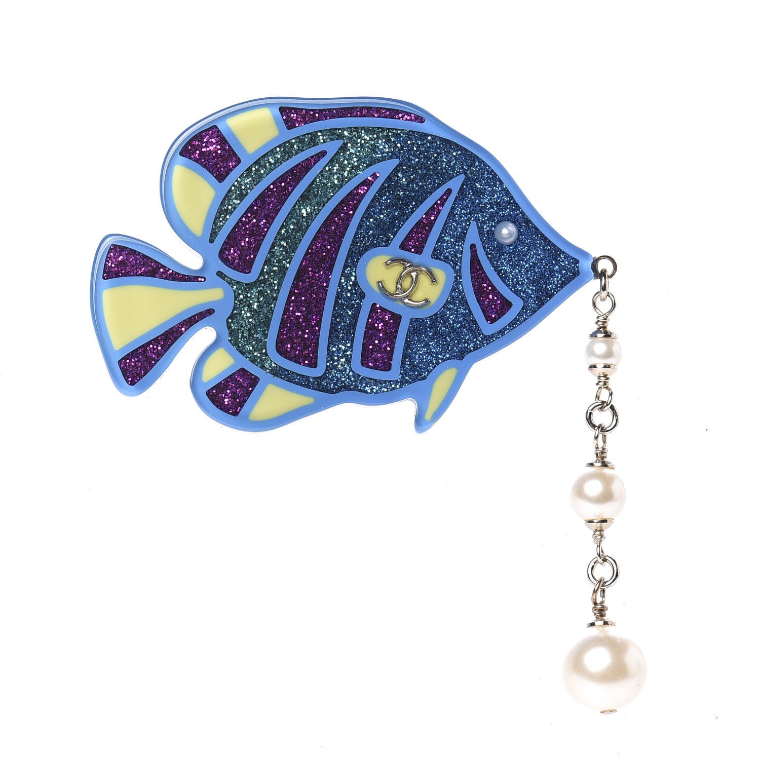 Chanel Pearl Glittered Resin Tropical Fish Brooch Gold Blue Yellow 1 of 5