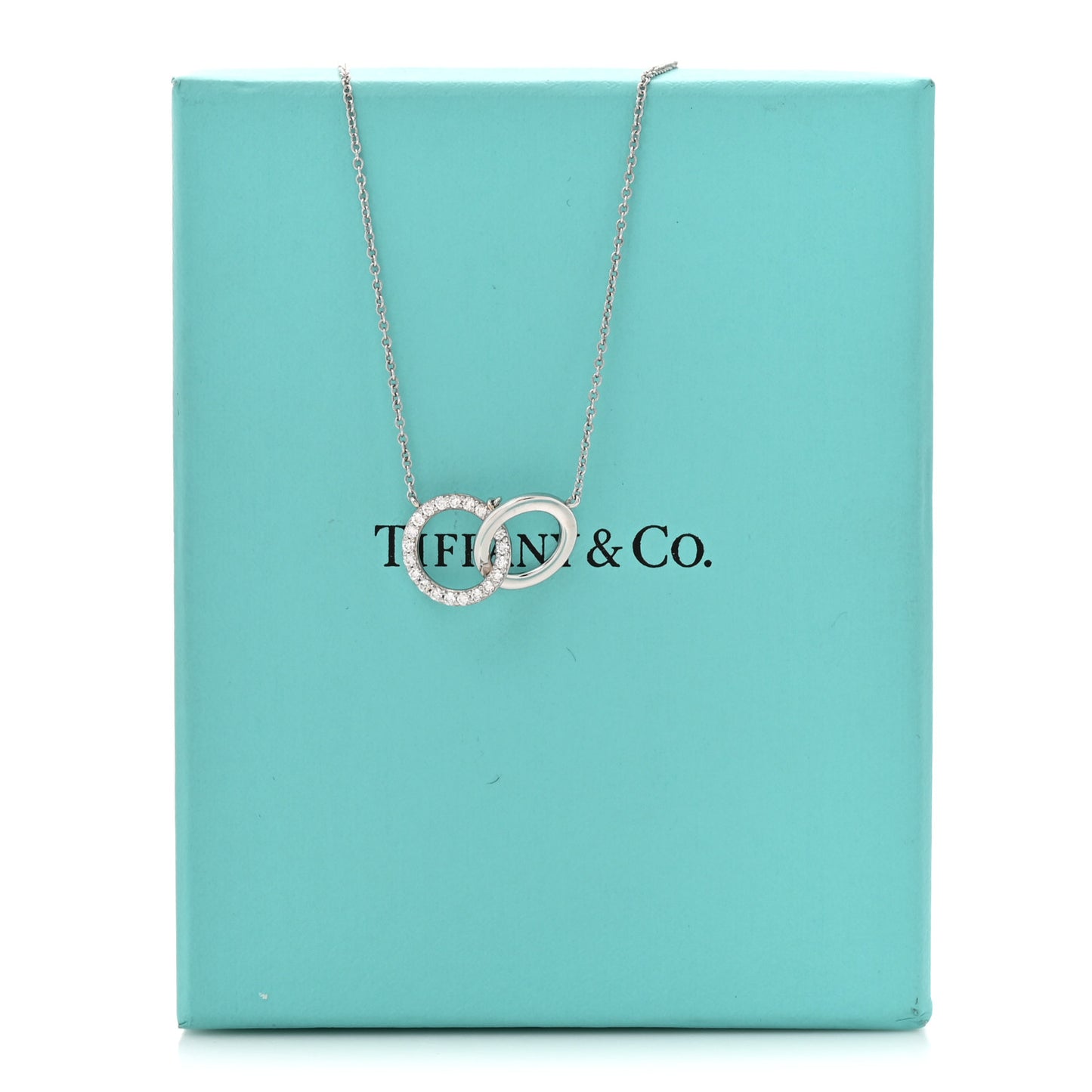 18K White Gold Diamond Double Interlocking Circles Pendant Necklace