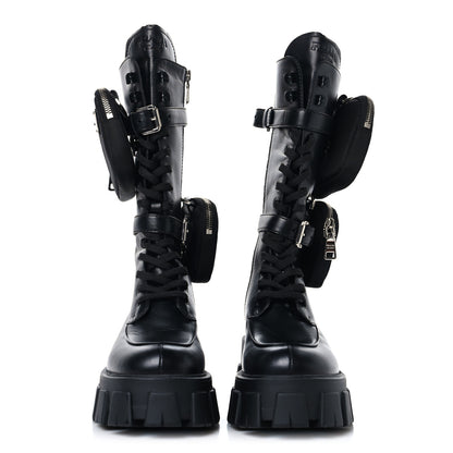 Prada Vitello Lux Nylon Metal Triangle Logo Monolith Pouch Pocket 55mm Tall Combat Boots 37 Black 2 of 7