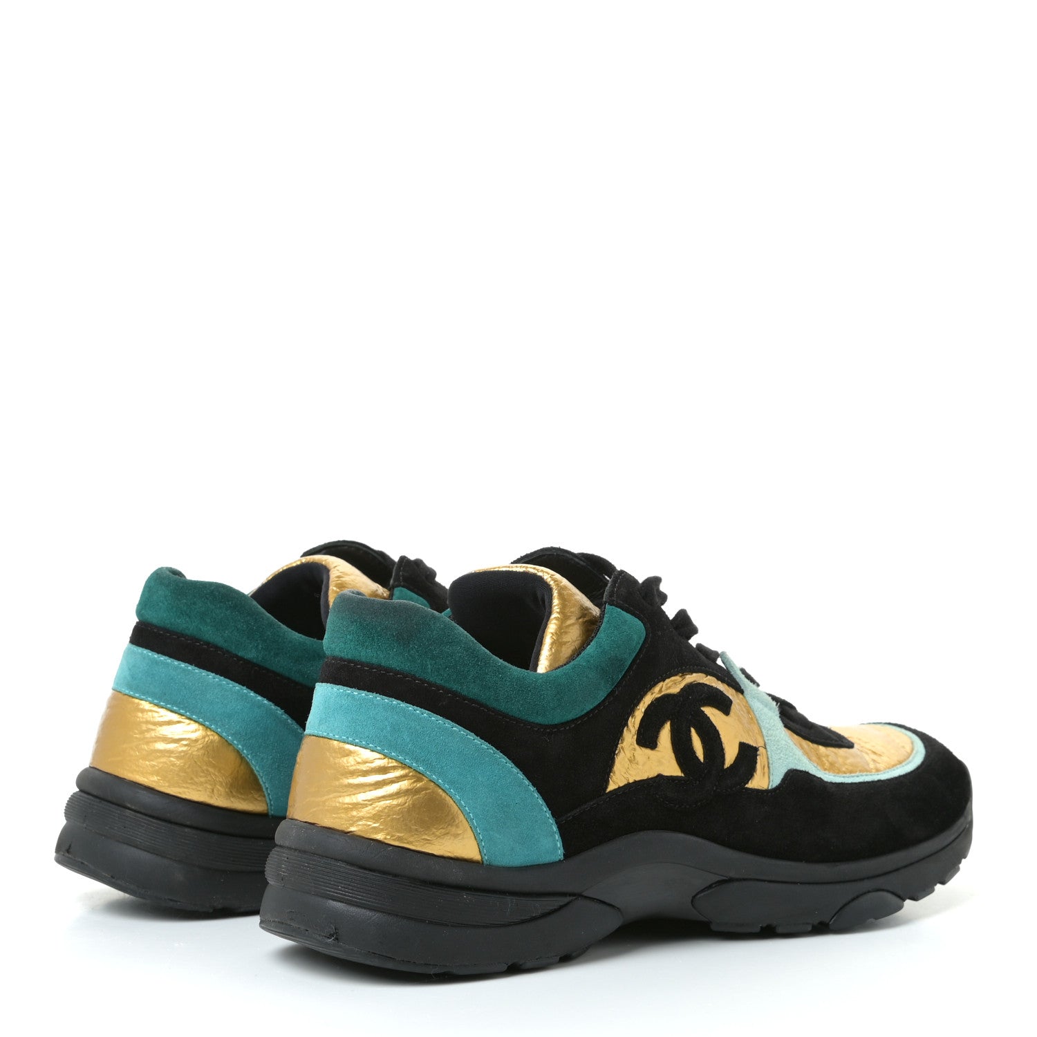 Chanel Fabric Calfskin Suede CC Womens Sneakers 41 Black Turquoise Gold 4 of 12
