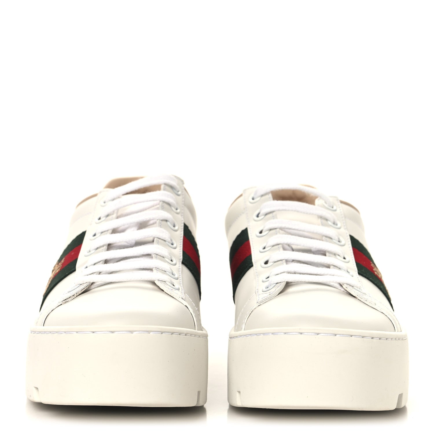 Gucci Calfskin Web Bee Embroidered Womens Ace Platform Sneakers 37.5 White 3 of 9