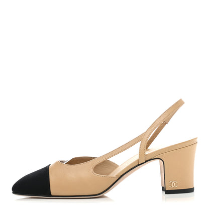 Chanel Goatskin Grosgrain Cap Toe CC Slingback Pumps 37 Beige Black 1 of 7
