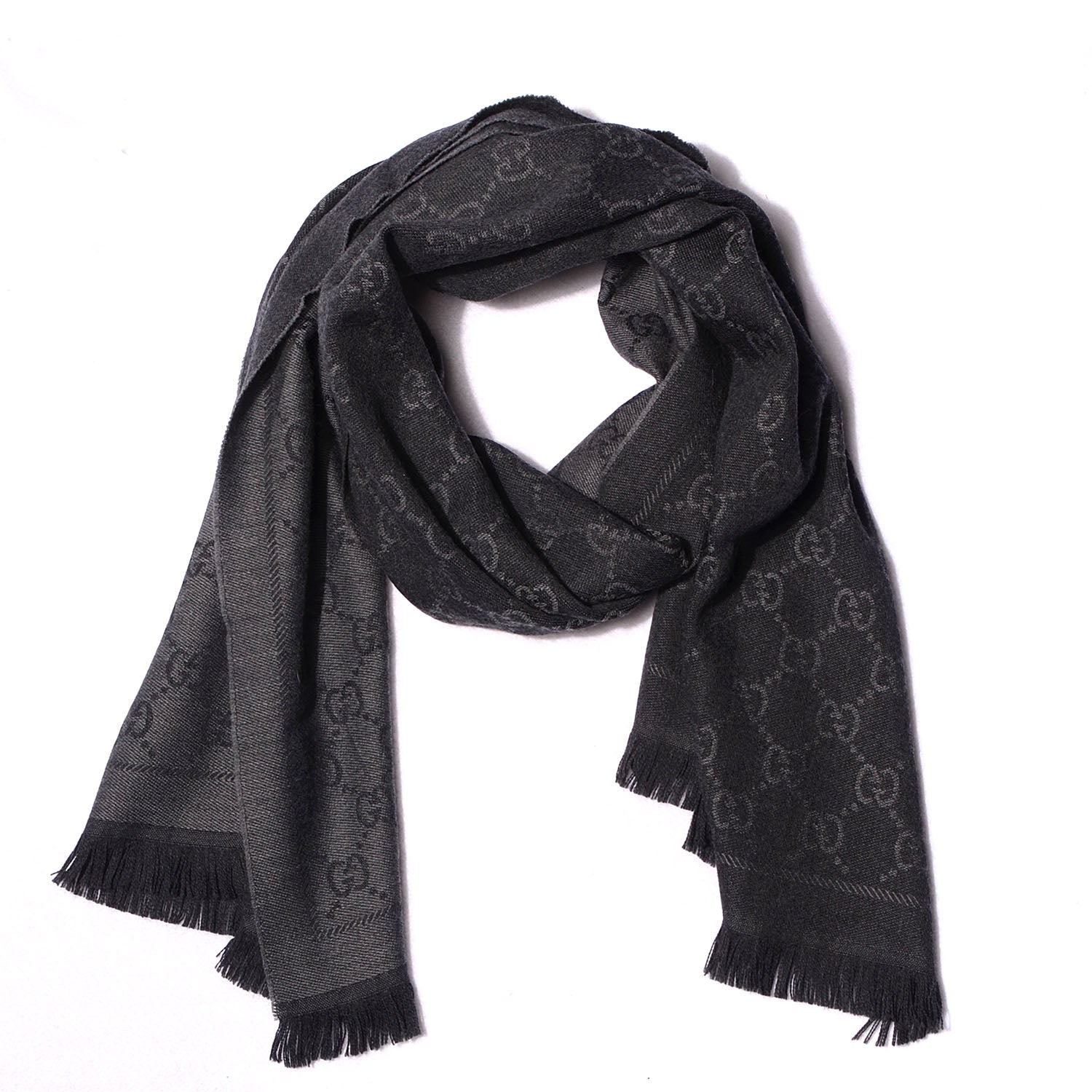 Gucci Wool Monogram Fringe Scarf Anthracite Black 1 of 6