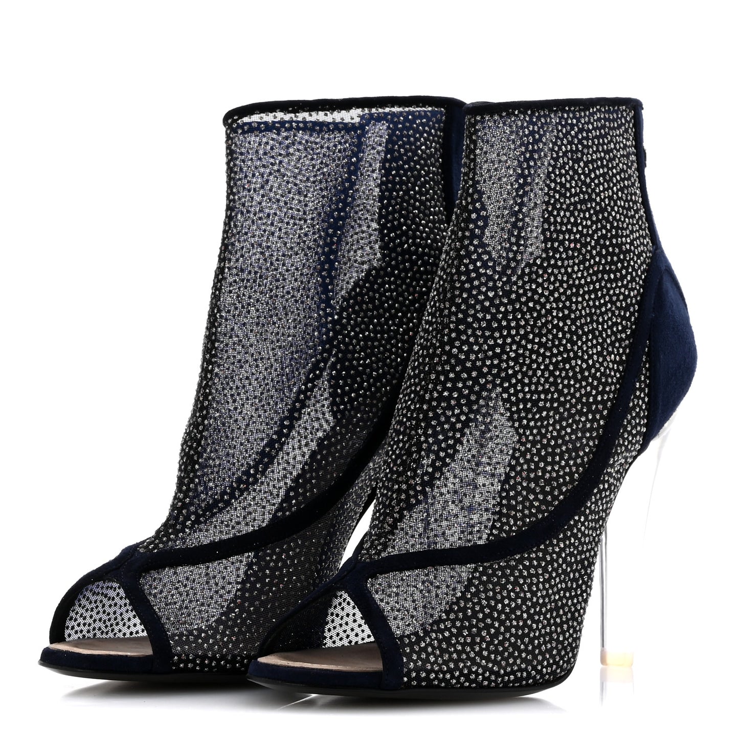 Mesh Crystal Open Toe Ankle Boots 40 Navy