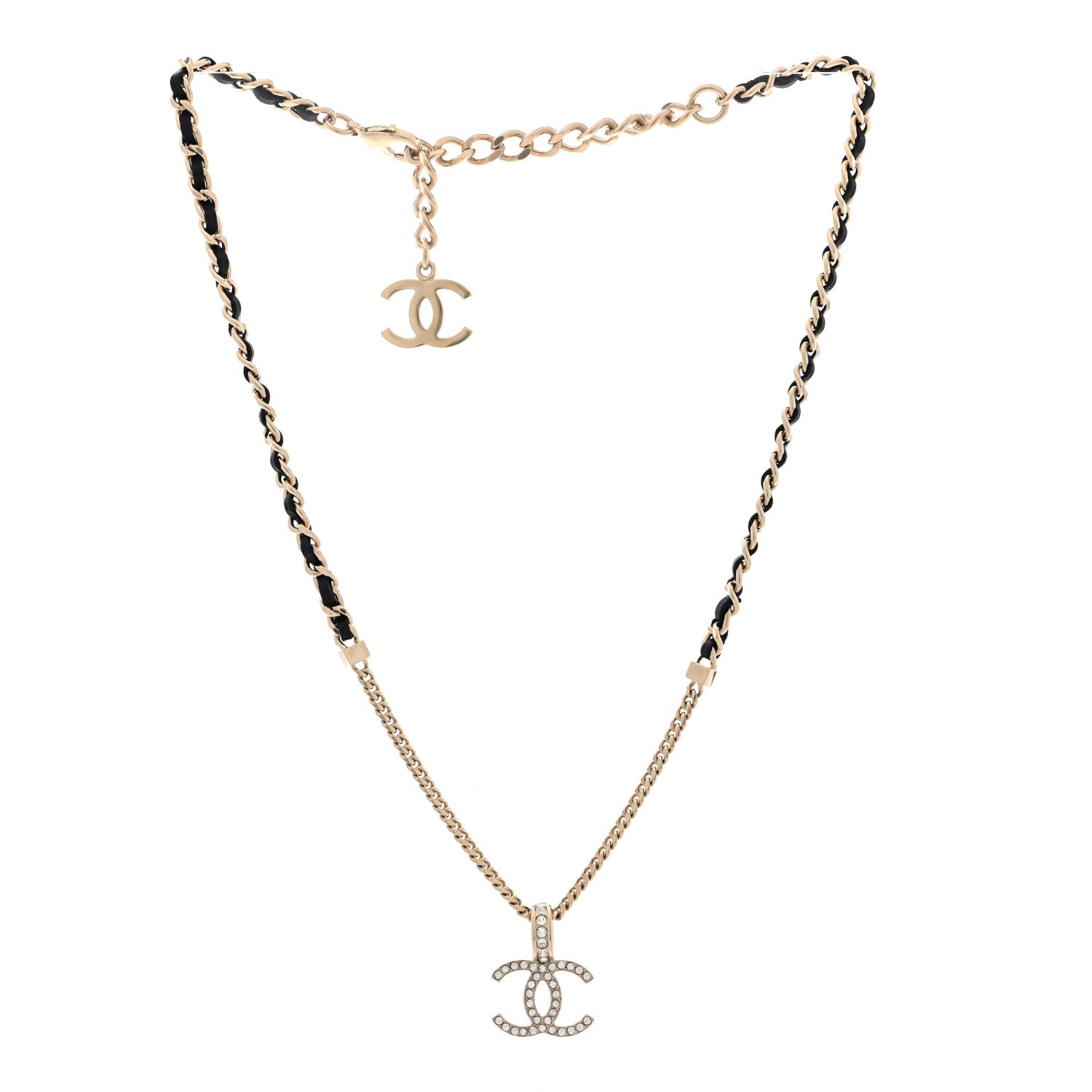 Chanel Lambskin Crystal CC Chain Pendant Necklace Black Gold
