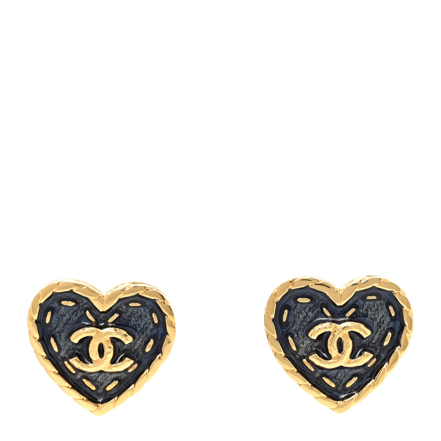 Chanel Metal Enamel CC Denim Heart Earrings Gold Blue 1 of 5