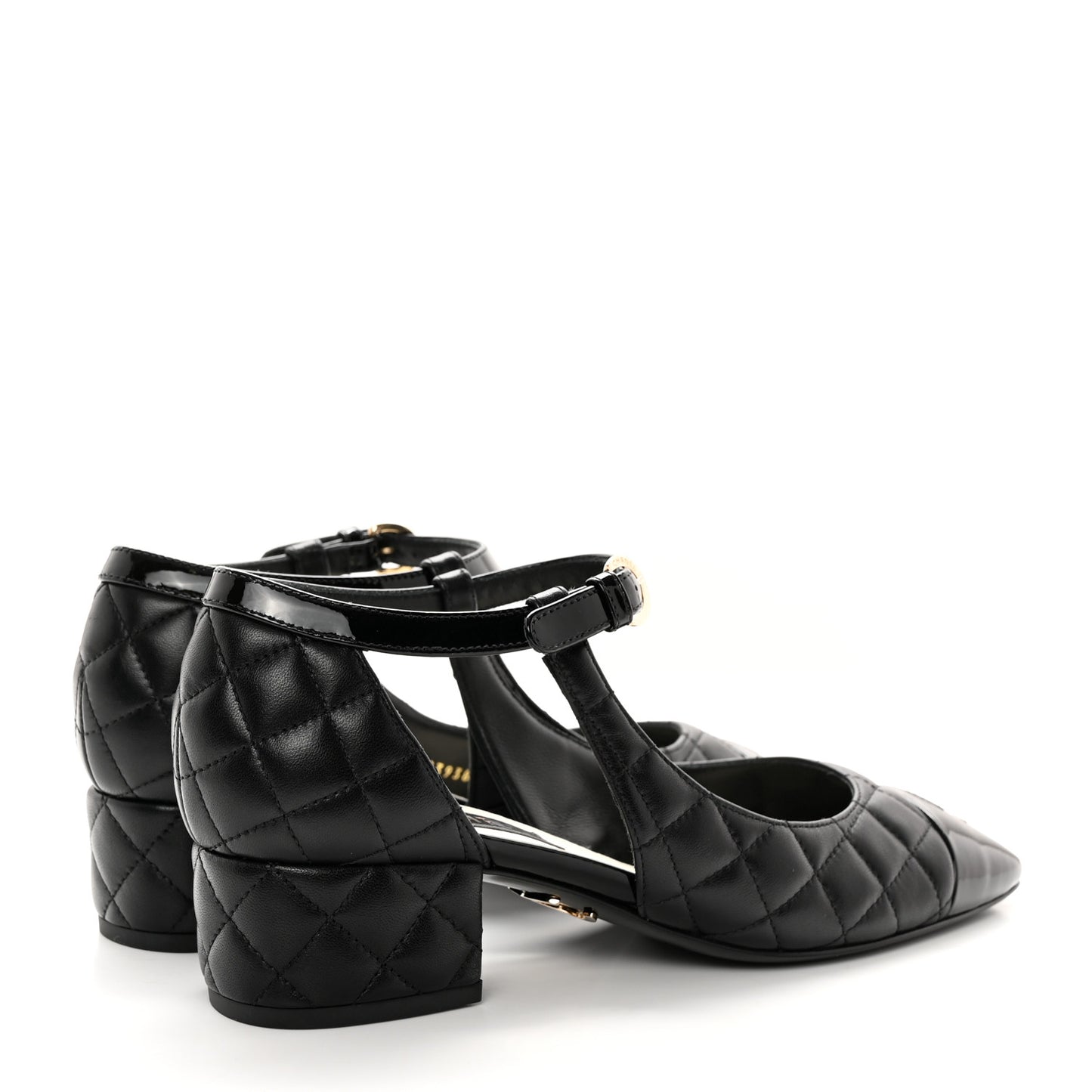 Lambskin Patent Quilted Cap Toe Mary Jane Flats 38 Black