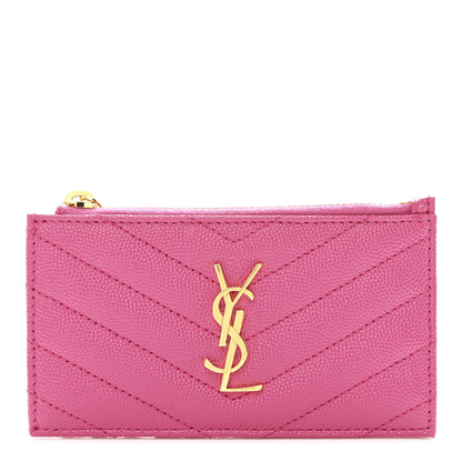 Saint Laurent Grain De Poudre Matelasse Chevron Monogram Fragments Zippered Card Case Fresh Fuxia 1 of 8