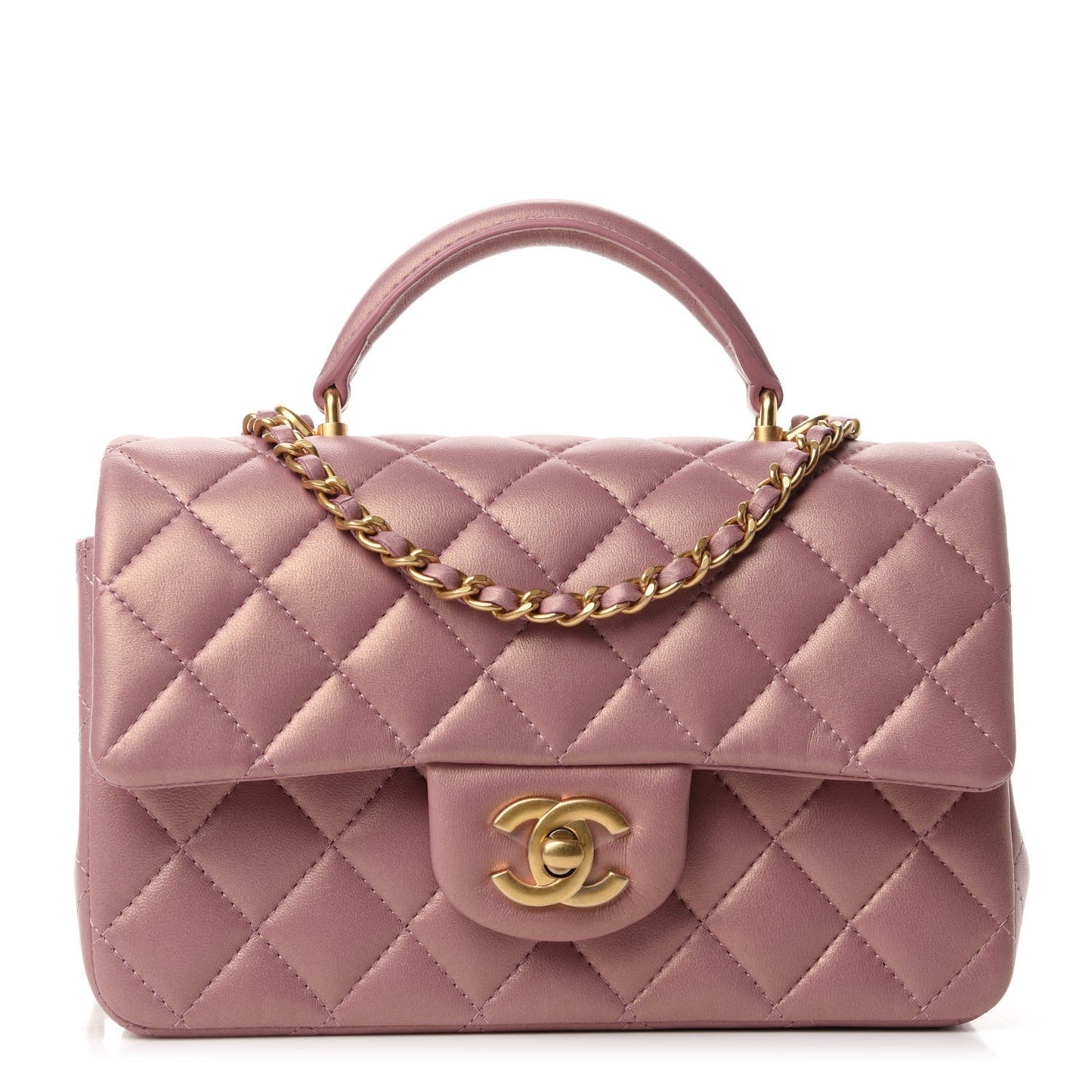 Iridescent Lambskin Quilted Mini Top Handle Rectangular Flap Pink