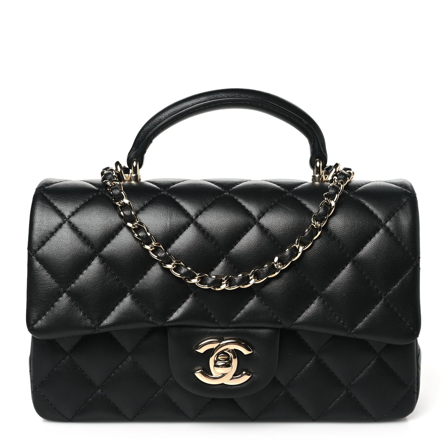 Lambskin Quilted Mini Top Handle Rectangular Flap Black
