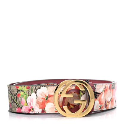 Gucci GG Supreme Monogram Blooms Moon Calfskin Interlocking G 37mm Belt 85 34 Beige Ebony Multicolor Dry Rose 1 of 5