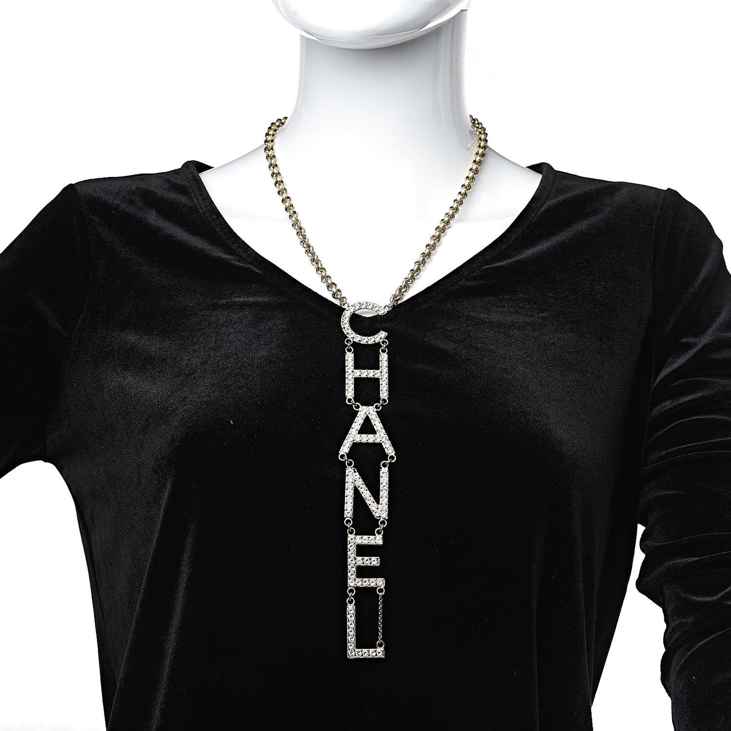 Metal Crystal Cha-Nel Logo Necklace Gold