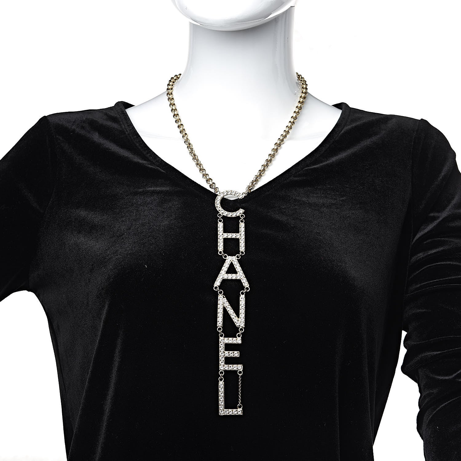 Chanel Metal Crystal Cha-Nel Logo Necklace Gold 2 of 6