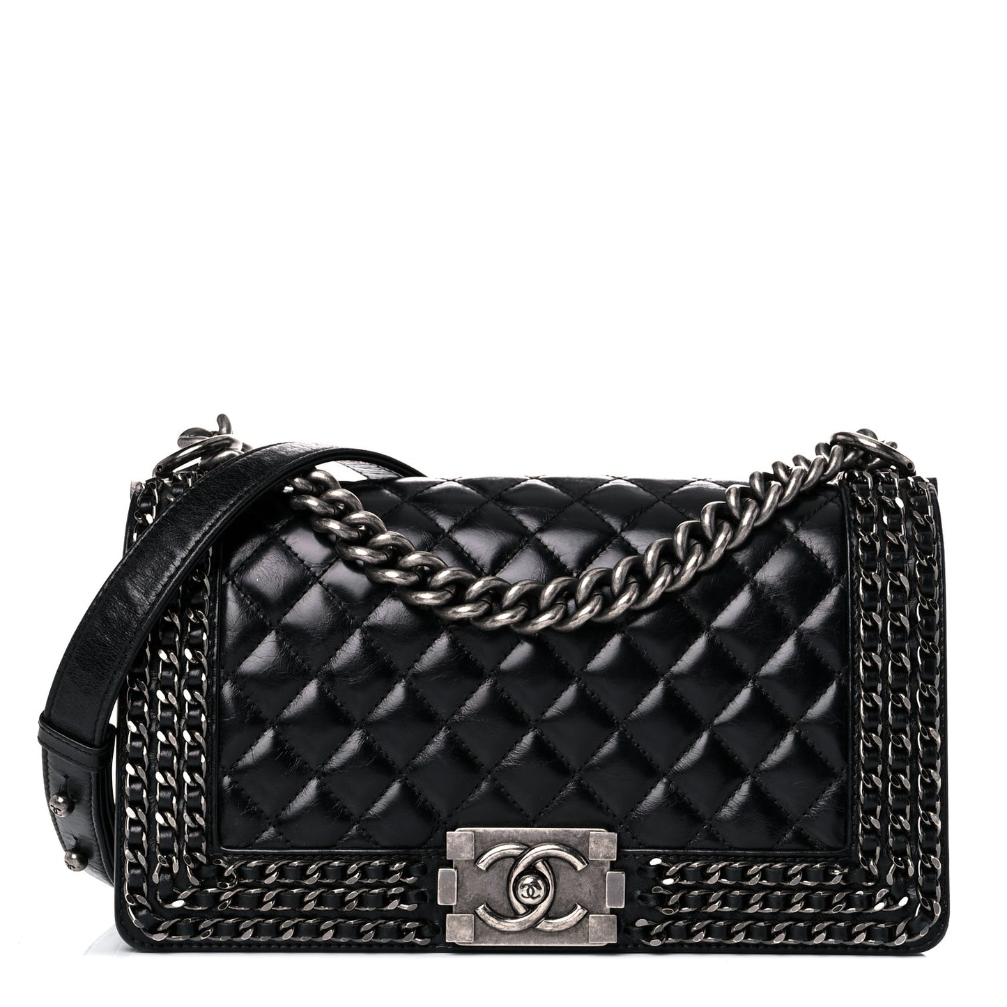 Glazed Calfskin Quilted Medium Boy Chained Flap Black