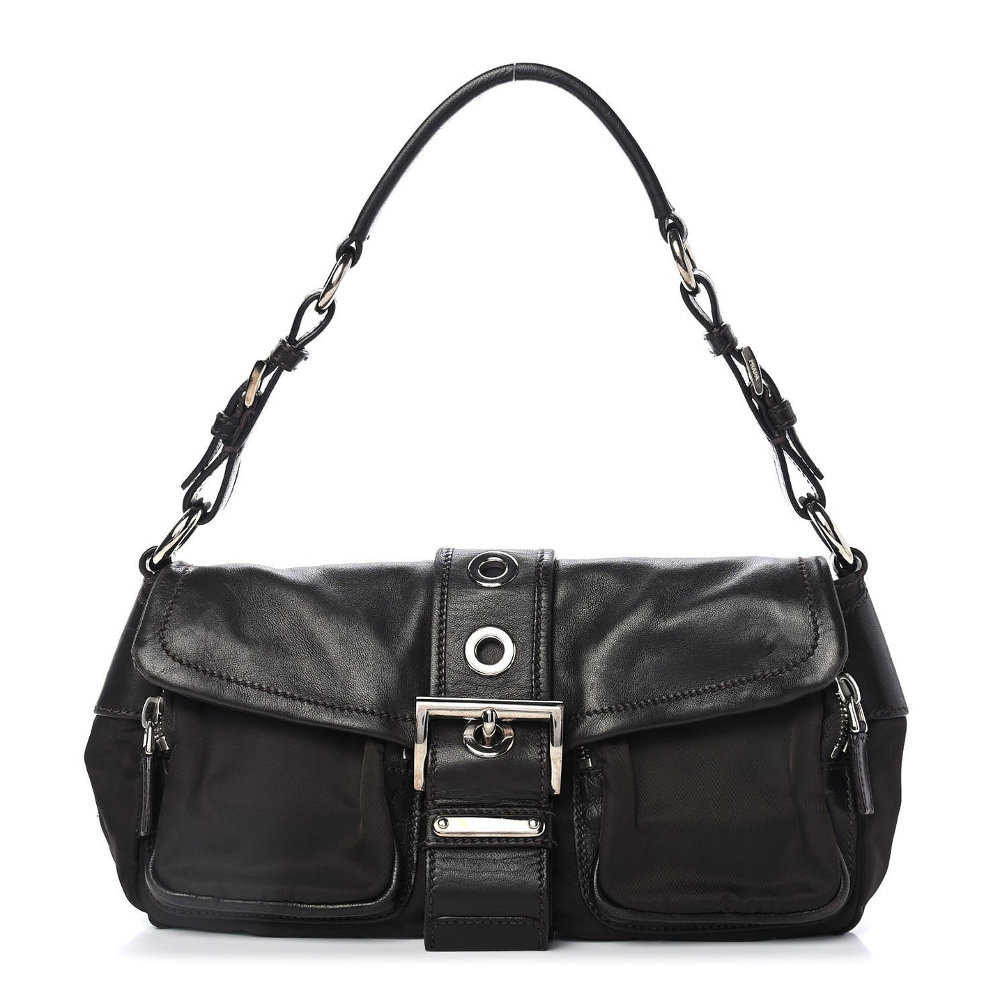 Soft Calfskin Nylon Buckle Shoulder Bag Black
