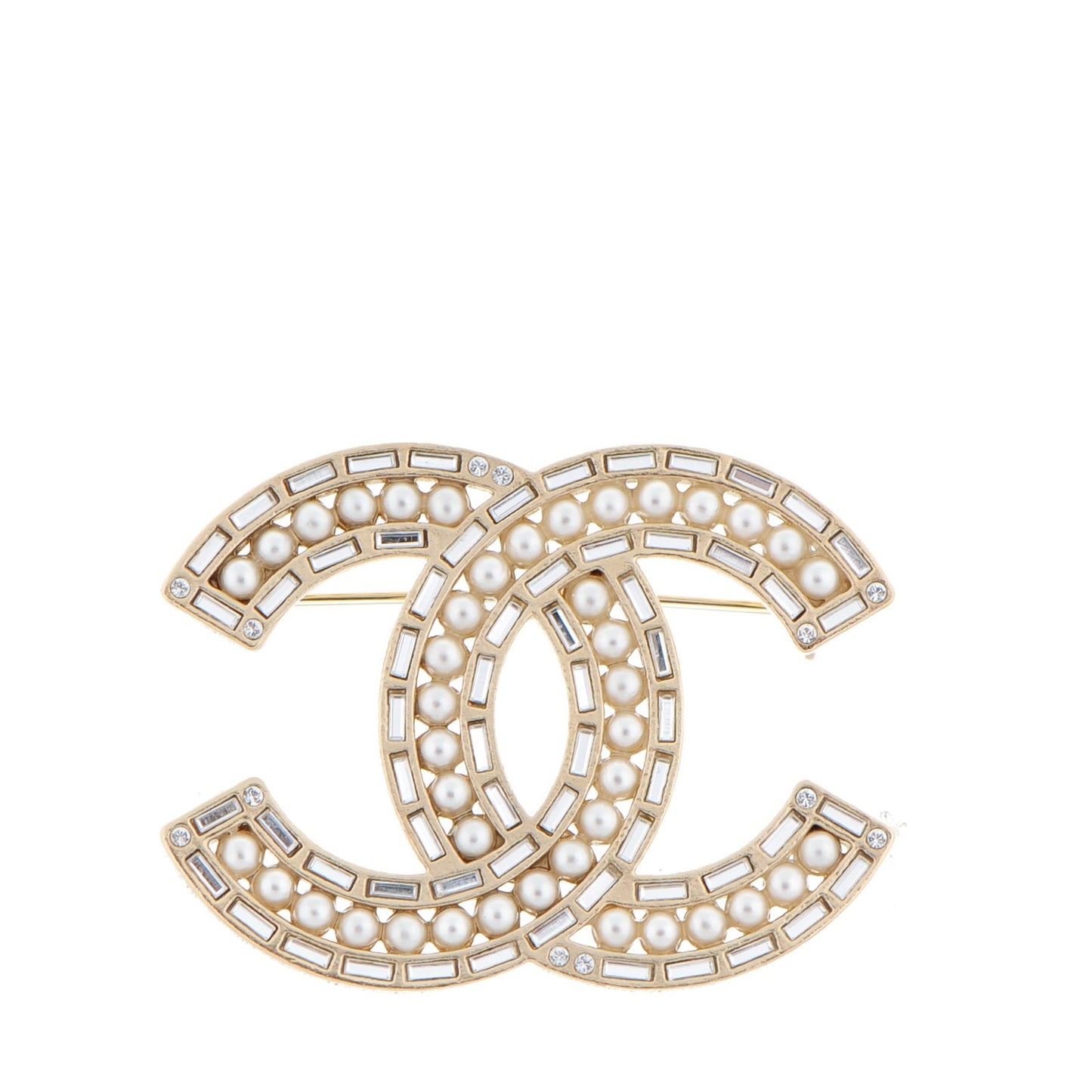 Pearl Baguette Crystal CC Brooch Gold