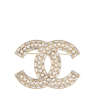 Chanel Pearl Baguette Crystal CC Brooch Gold 1 of 5