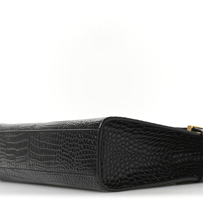 Saint Laurent Shiny Calfskin Crocodile Embossed Manhattan Baguette Black 10 of 10