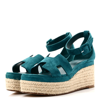 Hermes Suede Goatskin Elda Espadrille Wedge Sandals 38 Vert Oxford 4 of 10