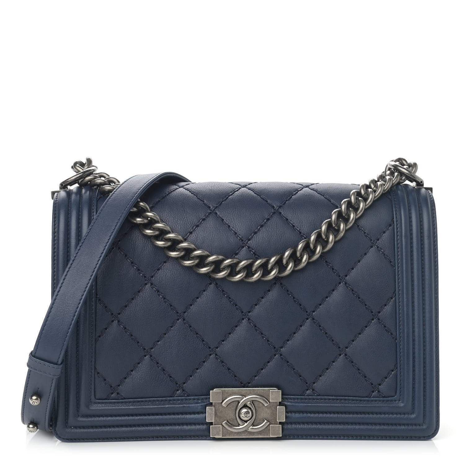 Chanel Calfskin Double Stitch New Medium Boy Flap Navy Blue 1 of 13