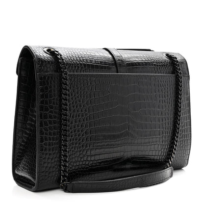 Saint Laurent Calfskin Crocodile Embossed Monogram Large Satchel Black 3 of 15