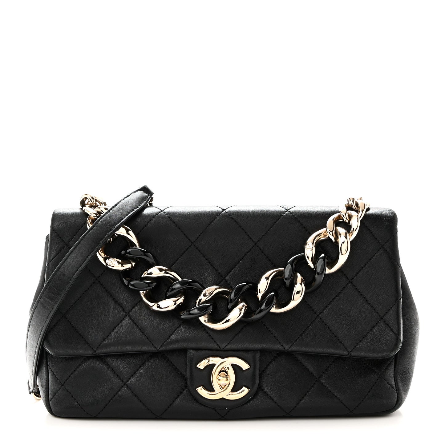 Lambskin Quilted Resin Bi-Color Chain Flap Bag Black