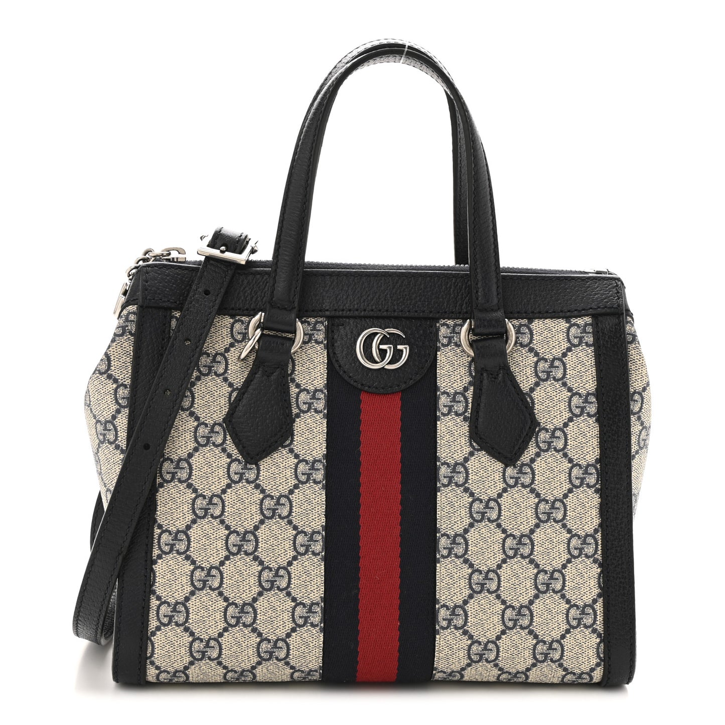 GG Supreme Monogram Textured Dollar Calfskin Web Small Ophidia Tote Bag Beige Blue