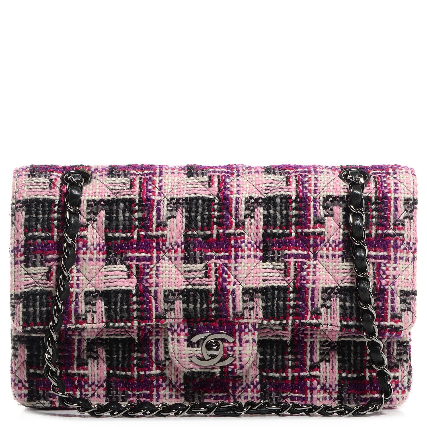 Chanel Tweed Medium Double Flap Pink Black 1 of 10