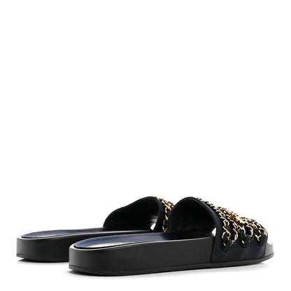 Chanel Satin Canvas Chain Slides Sandals Flats 39 Marine 5 of 10