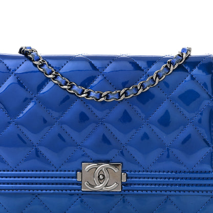 Chanel Metallic Patent Calfskin Quilted Boy Wallet on Chain WOC Blue 9 of 12