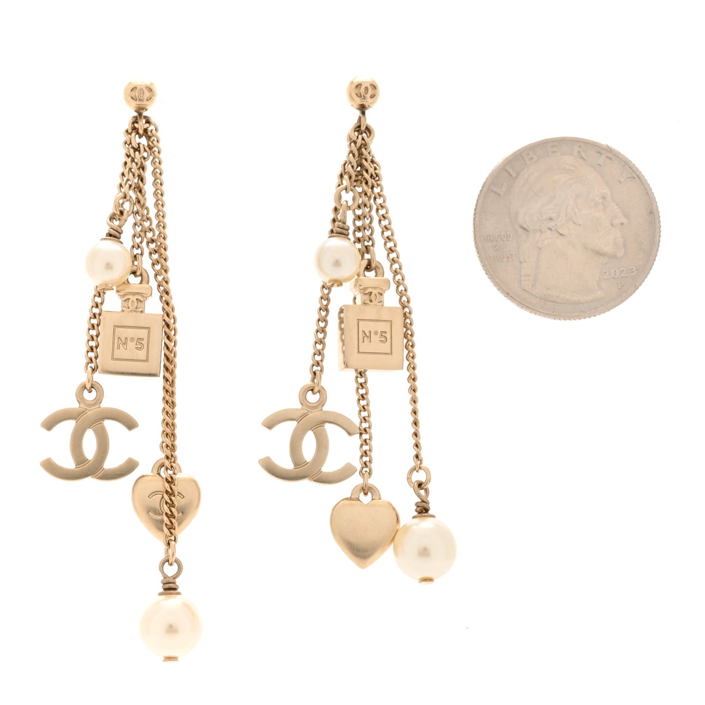 Metal Pearl Chain Charm Drop Earrings Gold