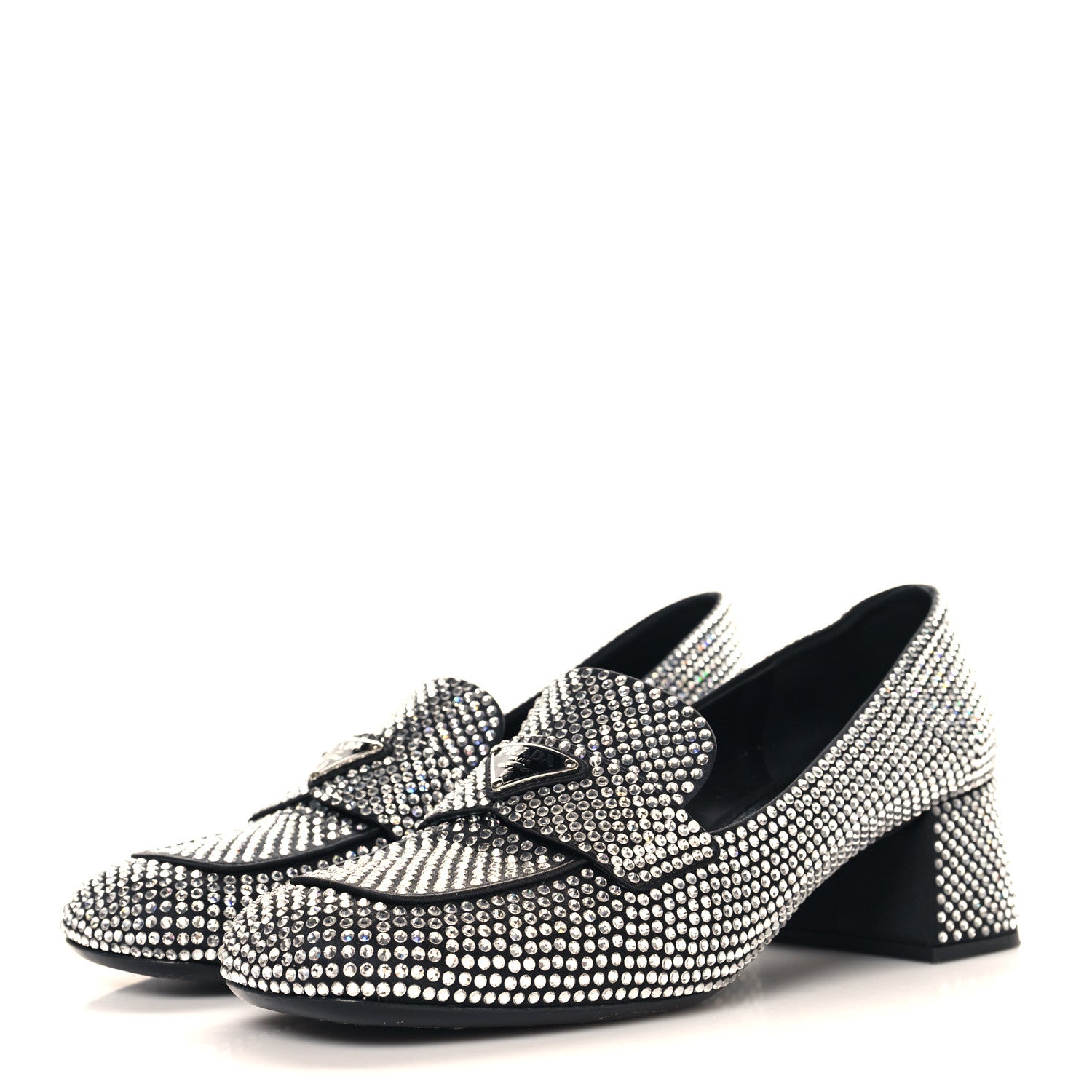 Prada Satin Crystal Metal Triangle Logo 45mm Block Heel Loafers 40 Cristal 4 of 8