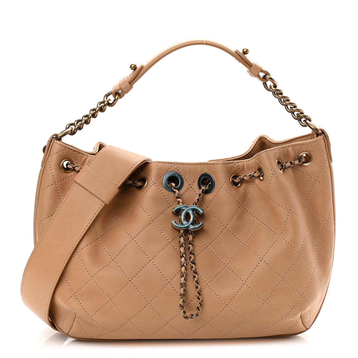 Calfskin Stitched Medium Drawstring CC Bag Beige