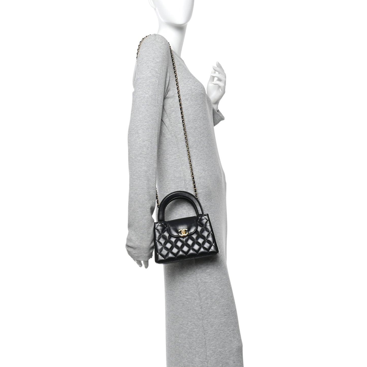 Shiny Aged Calfskin Quilted Nano Kelly Shopper Black