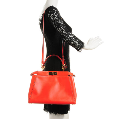 Fendi Vitello Morgan Fabric Jacquard Pequin Medium Peekaboo Iconic Satchel Papavero Tobacco Black 2 of 10