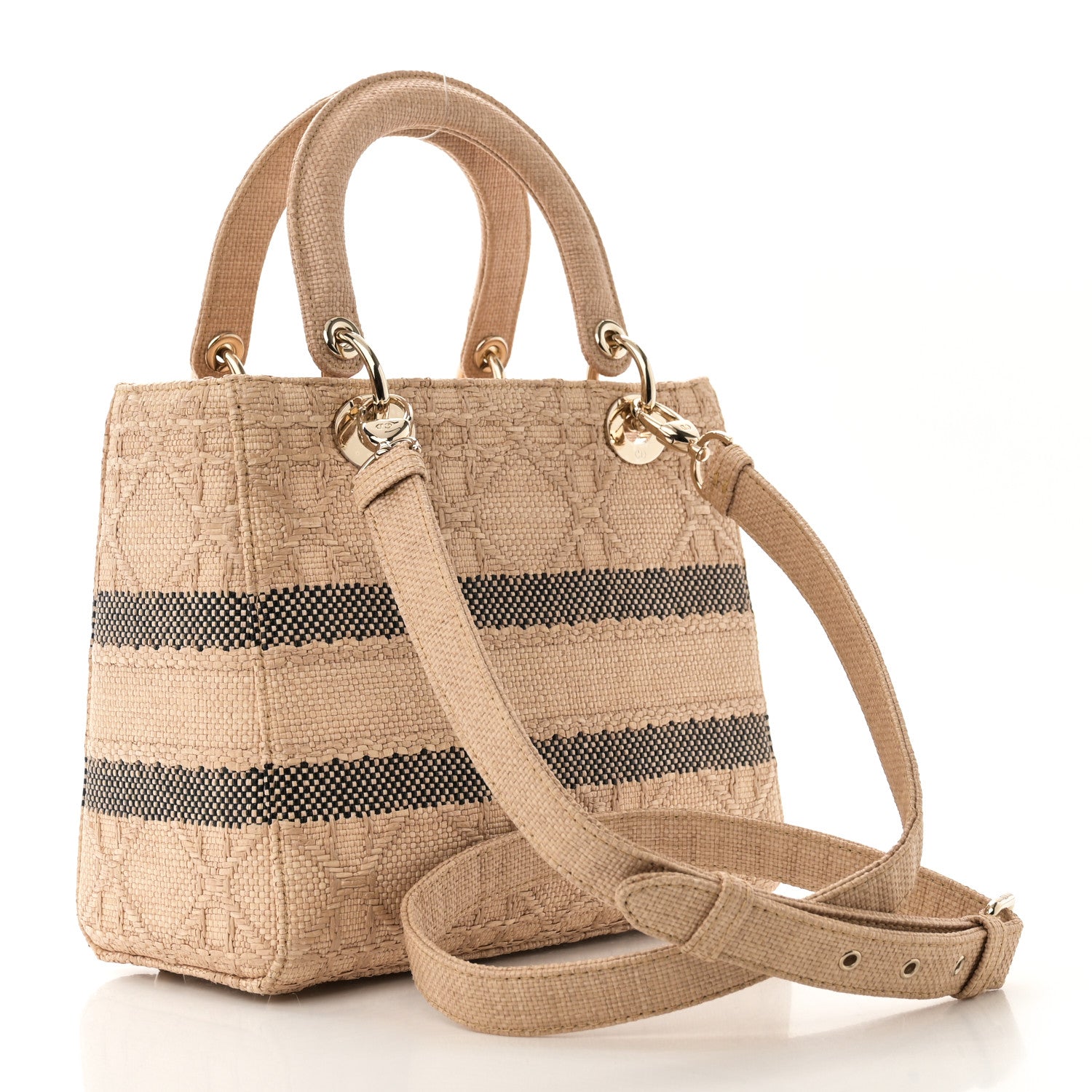 Christian Dior Raffia Woven Cannage Embroidered Medium Lady D-Lite Natural Black 2 of 10