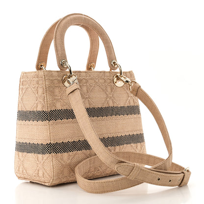 Christian Dior Raffia Woven Cannage Embroidered Medium Lady D-Lite Natural Black 2 of 10